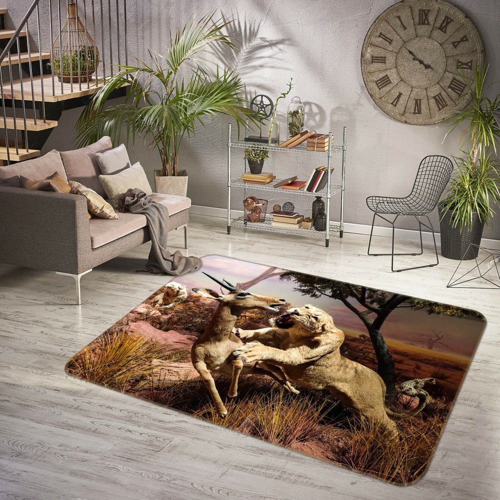 3D Lion Hunting O3177 Animal Non Slip Rug Mat Elegant Photo Carpet Fay