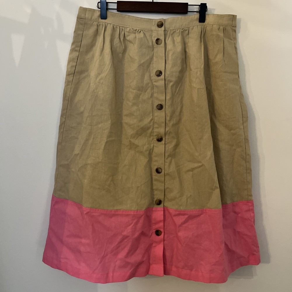 J. Crew Women's Colorblock Linen Cotton Midi Skirt, Beige/Pink, Size XL NEW
