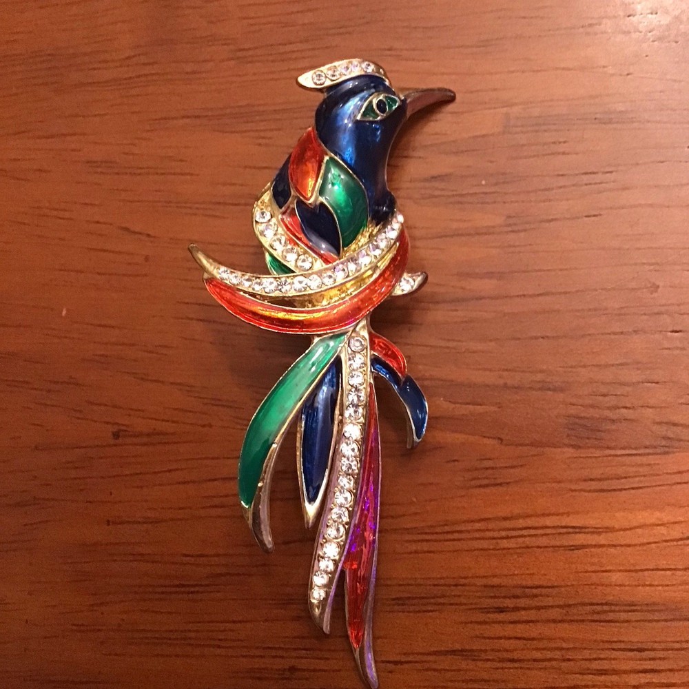 Vintage Bird of Paradise Brooch Peacock Colorful Enamel Gold Large