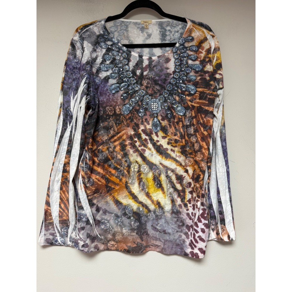 Reba Long Sleeve Top Womens XL Multicolor Excellent Animal Print Faux Jewel 8093