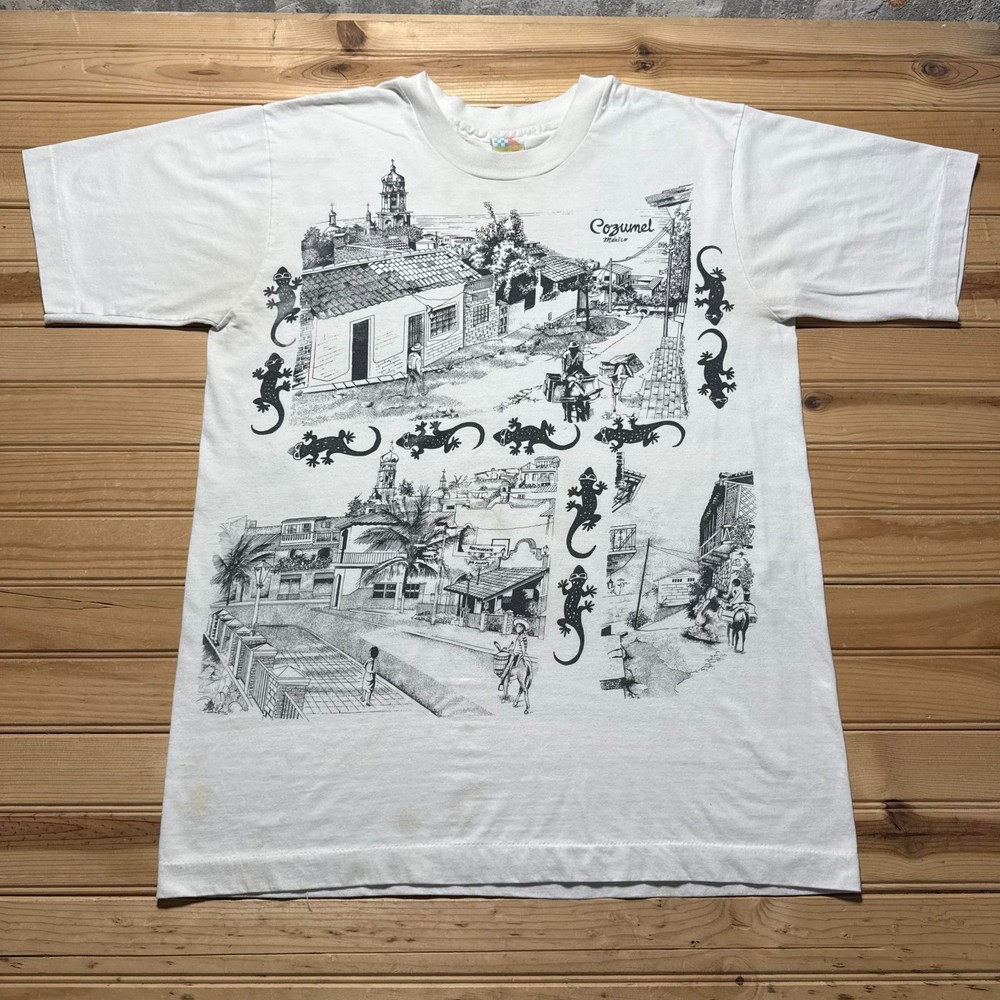 Vintage 90s Cozumel Mexico Town Scene Gecko Double Sided Graphic T-Shirt - Large