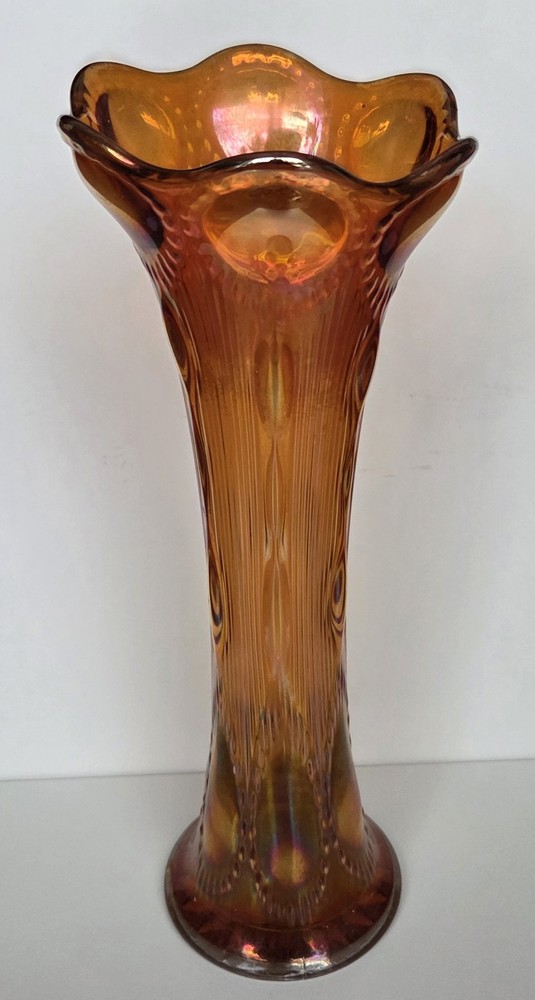 Vintage Imperial Glass Beaded Bullseye Marigold Carnival Glass Swung Vase.