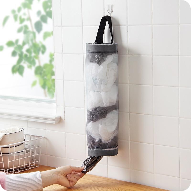 Grey Wall-mount Mesh Bag Dispenser - Reusable Storage for Kitchen Trash Bags