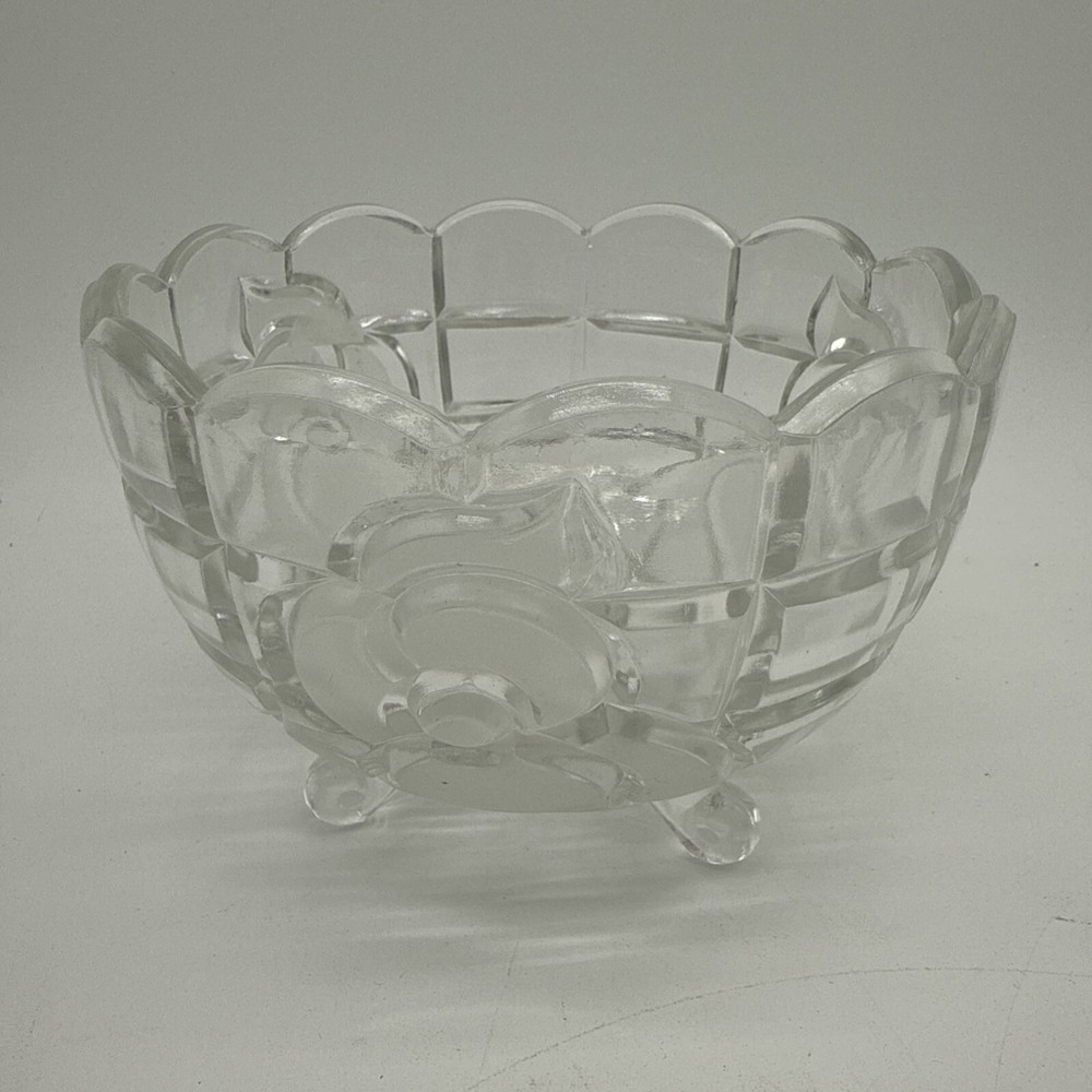 Vintage Frosted Floral Footed Glass Candy Dish 5.5 Inch