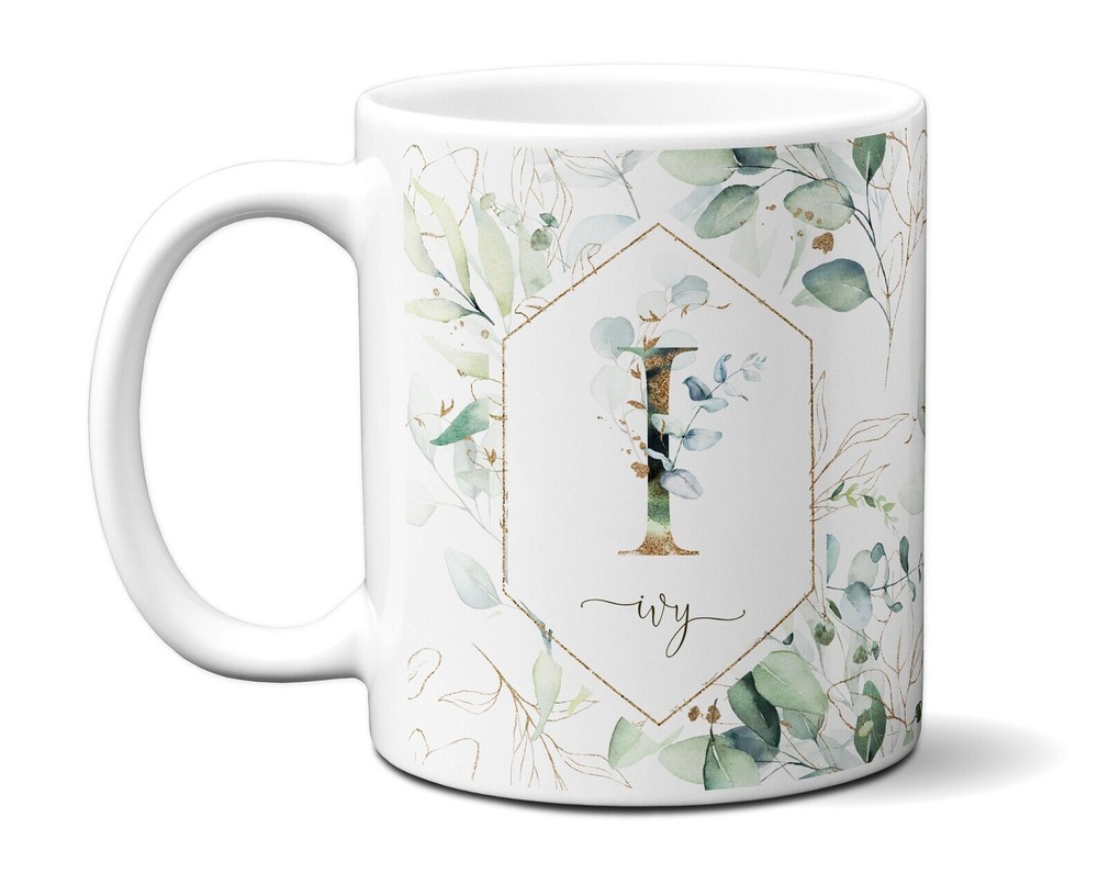 Leafy Flowers Initial & Name Mug Personalized Floral Custom Coffee Cup Woman