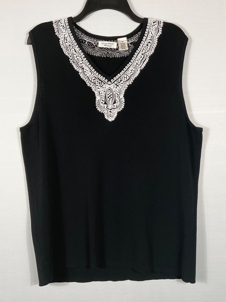 Laura Ashley Tank Top Womens 2X Black Ivory Embroidered Pullover Sleeveless