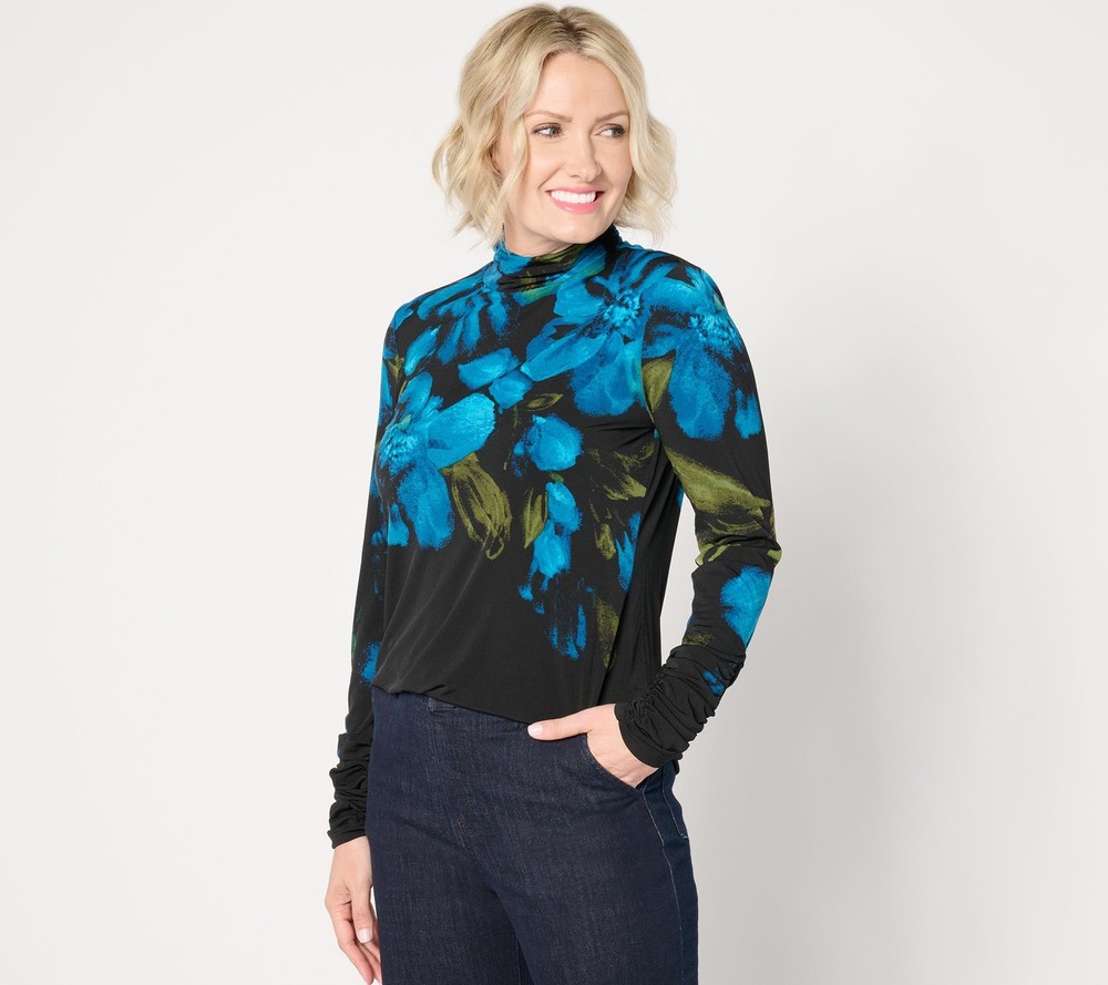 Susan Graver Women's Top Sz XL Printed Mesh Mock Neck Ruched Long Blue A662829