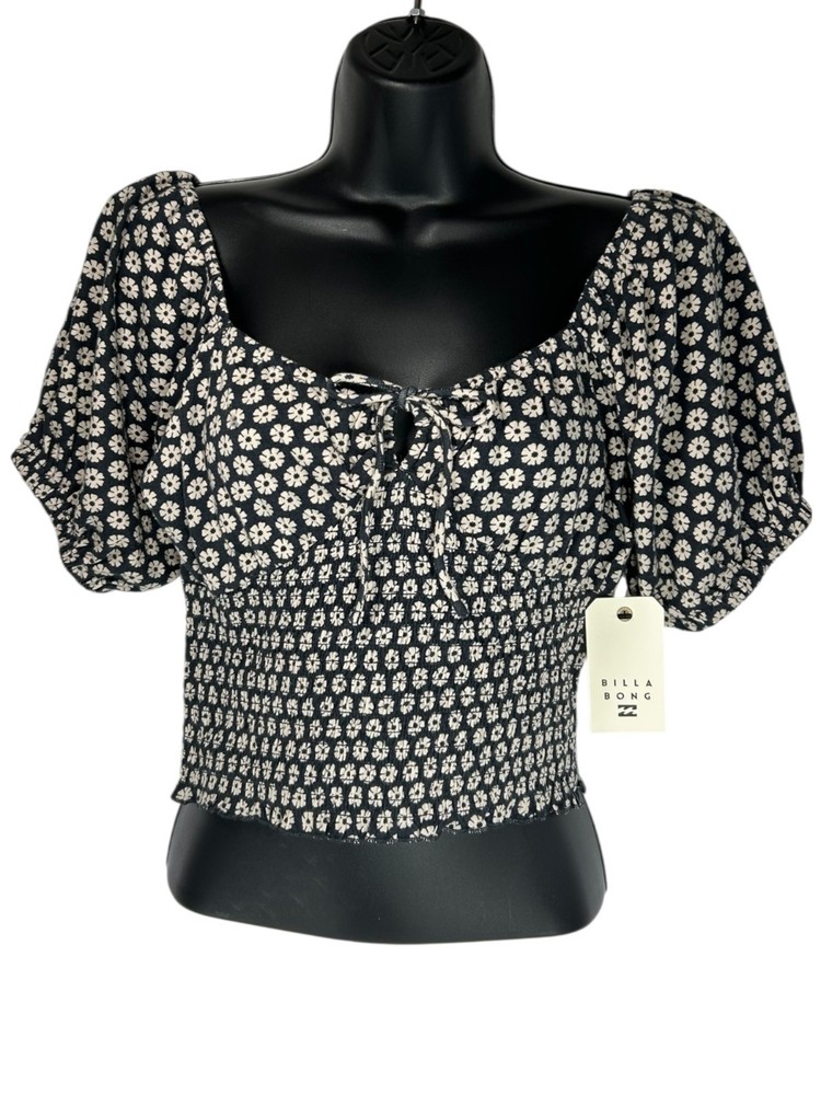 BILLABONG Puff Sleeve Crop Top Sz L Black Beige Floral Smocked Sweetheart Cotton