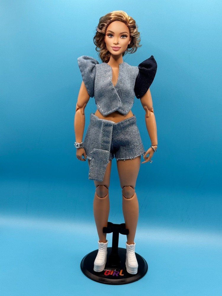 Handsewn 2 Toned Jeans  Flare Top And Squort Set For Barbie Dolls ( Curvy Doll )
