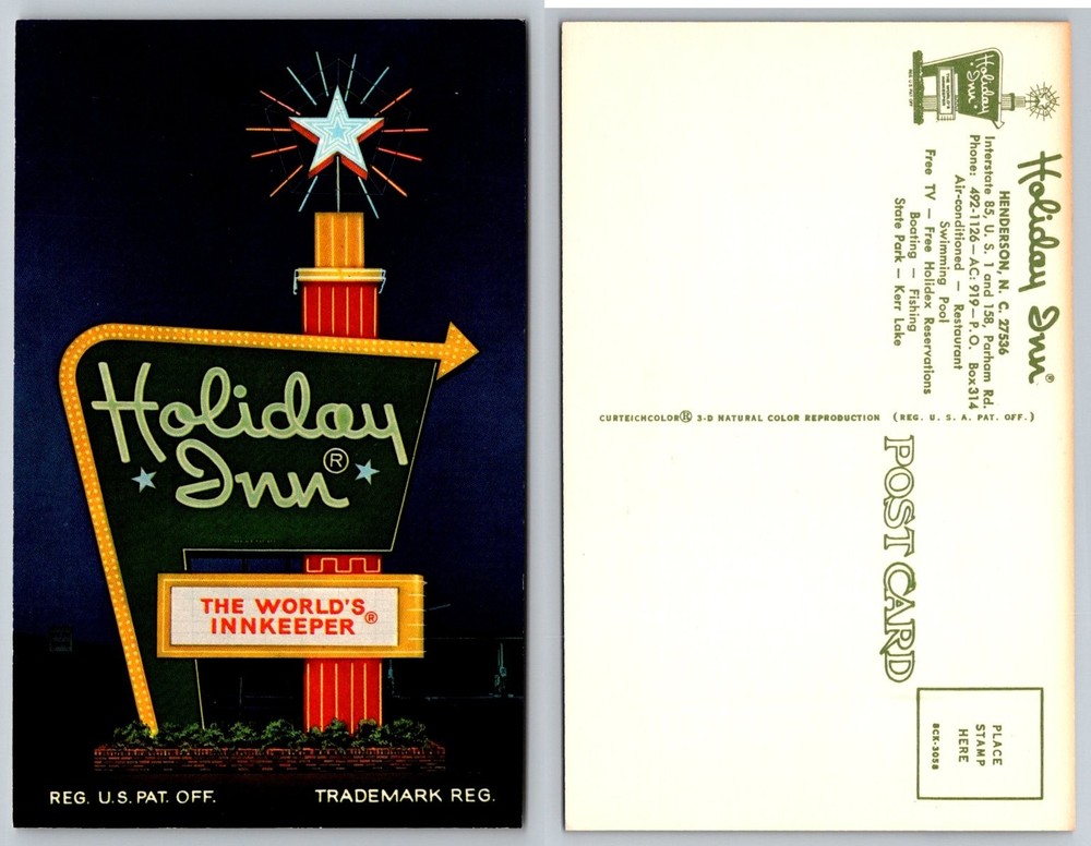 Vintage Holiday Inn Neon Sign Postcard Henderson NC 1960s Curteichcolor