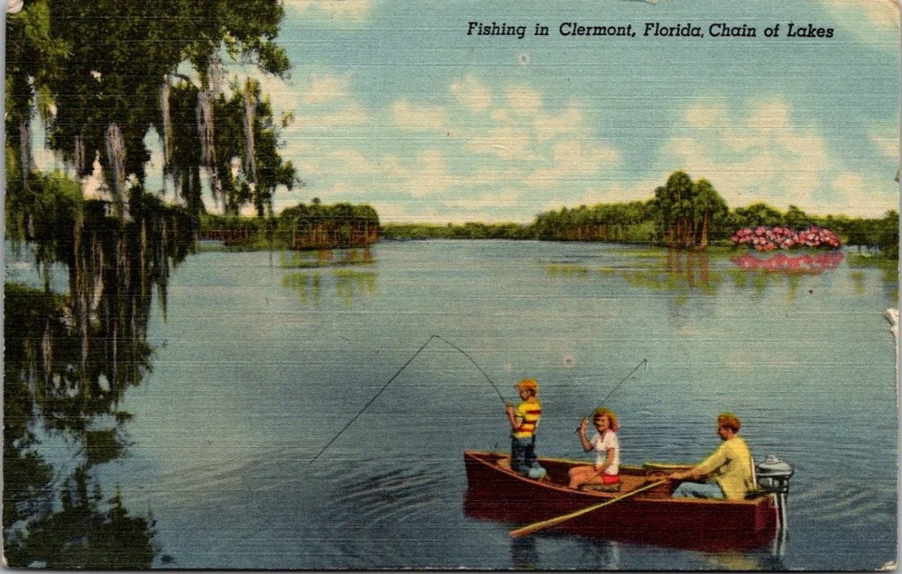 Vintage 1956 Fishing Clermont Florida Chain of Lakes Curteich Linen Postcard