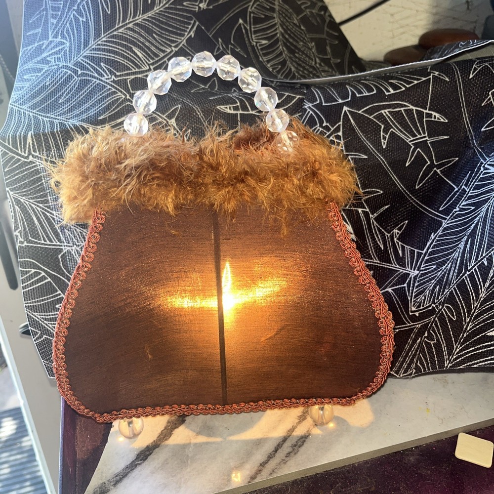 Vintage Style Boutique Purse Lamp Feathered Handbag Light Fur Beaded Deco