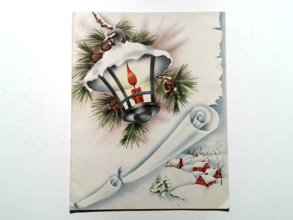 Vintage 1940s Christmas Card Snowy Lantern & Village Scene USA