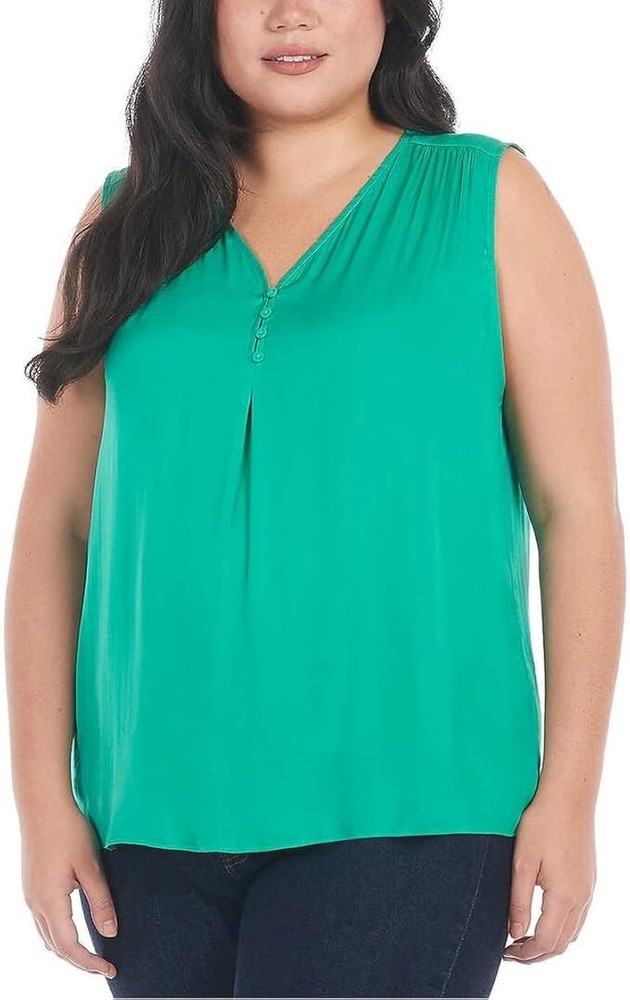Hilary Radley Women's Sleeveless V-Neck Lightweight Blouse Top, Vivid Green, L