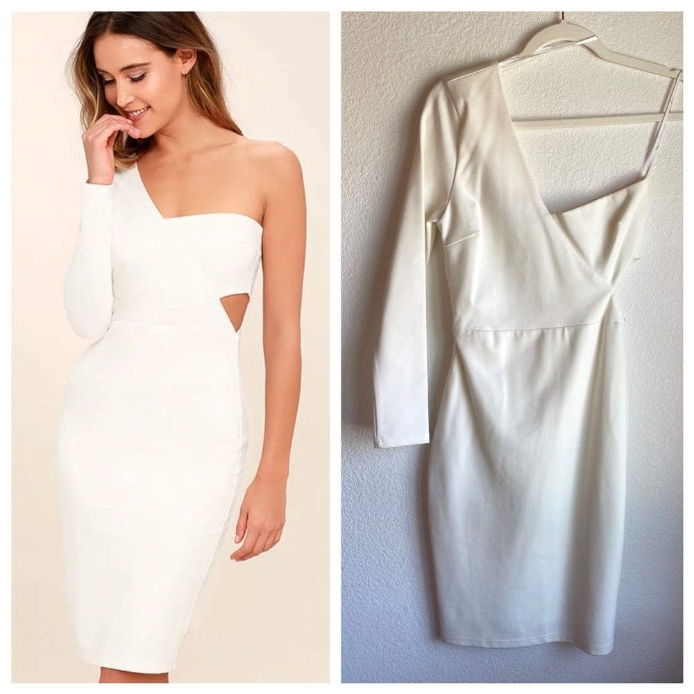 Lulus One Night White One Shoulder Long Sleeve Knee Length Bodycon Dress Size S