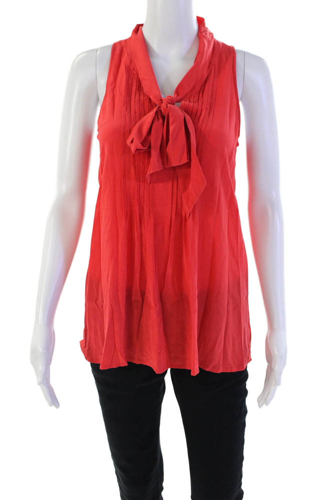 Theory Womens Silk Pleated Tie Collar Sleeveless Pullover Blouse Top Red Size SFree Shipping in US $100+ Orders | $6.95 Orders Below