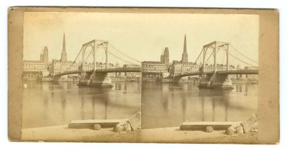 B4528~ FRANCE - Early Normandie Rouen 1860s Stereoview Cathedral & Bridge