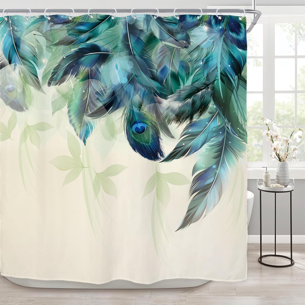 Teal Peacock Turquoise Feather Shower Curtain for Bathroom Decor 72Wx72H Inch...