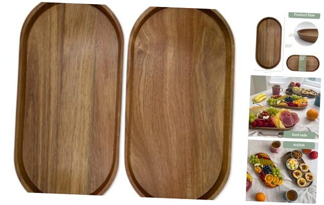 Acacia Wood Serving Tray with Raised Edge - Set of 2, Natural Wood Platter for-image