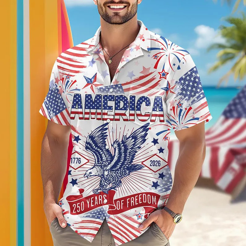 America Flag Hawaii Shirt Patriotic USA Mens Button Up Aloha Beach Top