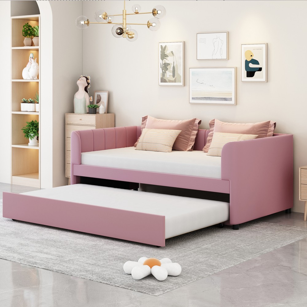 Twin Upholstered Daybed with Ergonomic Backrest and Trundle Bed