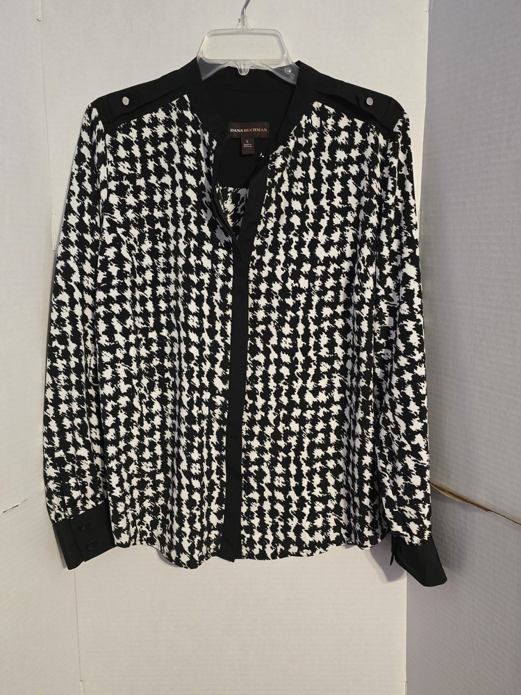 Dana Buchman Womens  Blouse Black/White Long Sleeve Button-up, Large