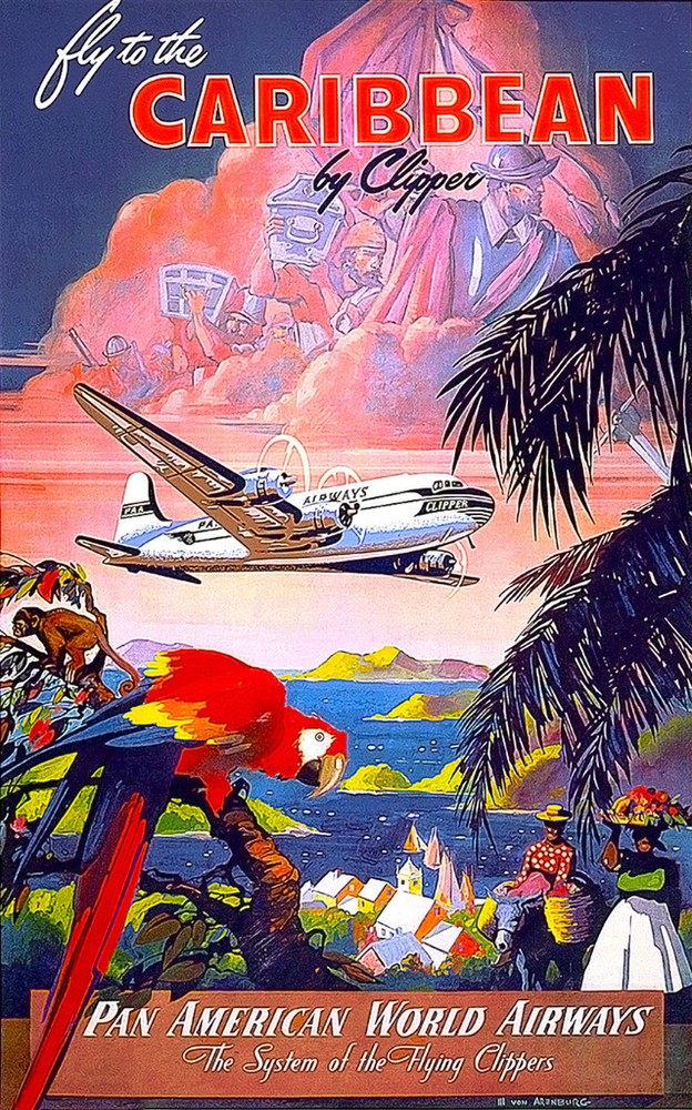 Cool Retro Travel Poster *FRAMED* CANVAS ART Caribbean Macaw 16