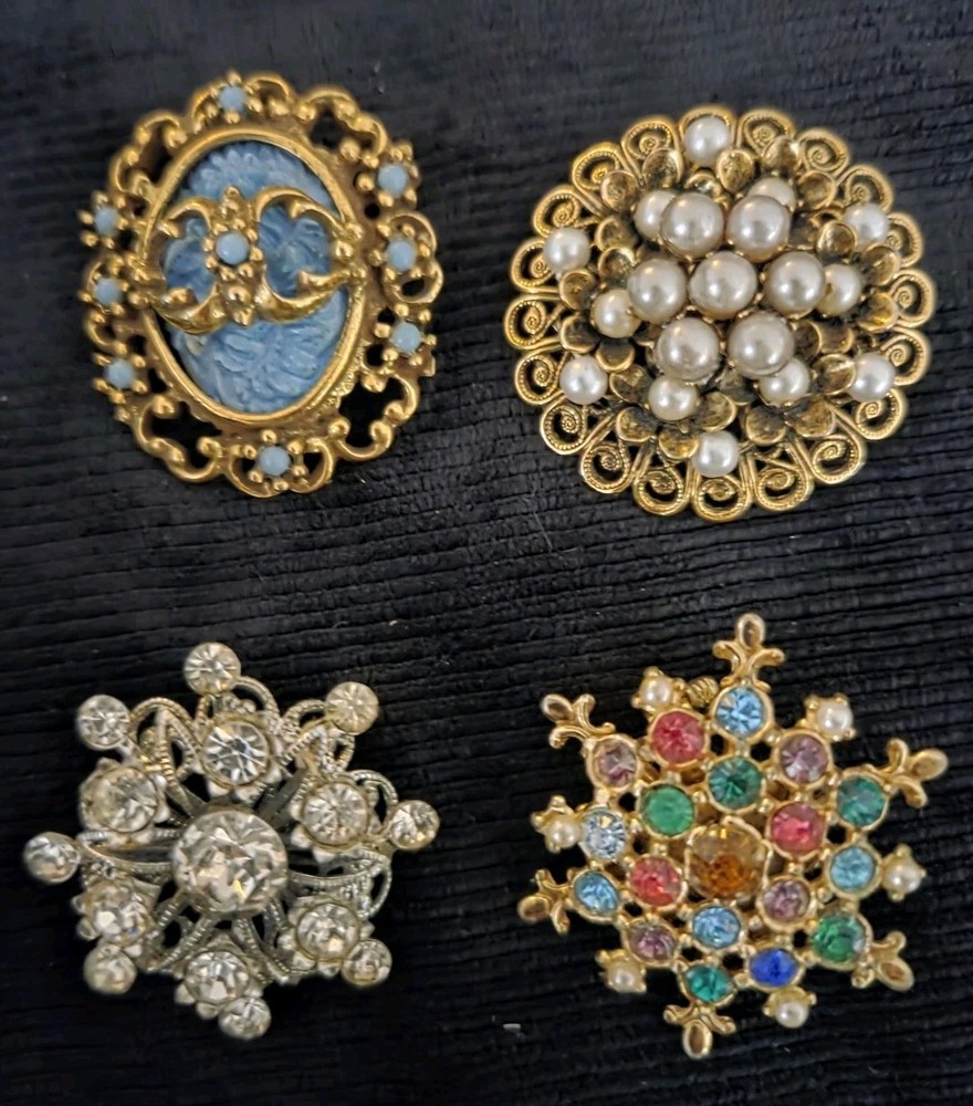 Vintage Rhinestone Brooch Lot Of 4 Germany Rivet Style AB Blue & Pearl