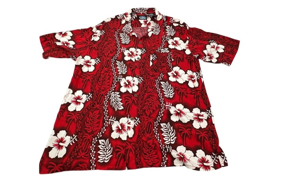Women's XXL Hawaiian Button Up Shirt with Red White Floral Print on Clear Blue Sky