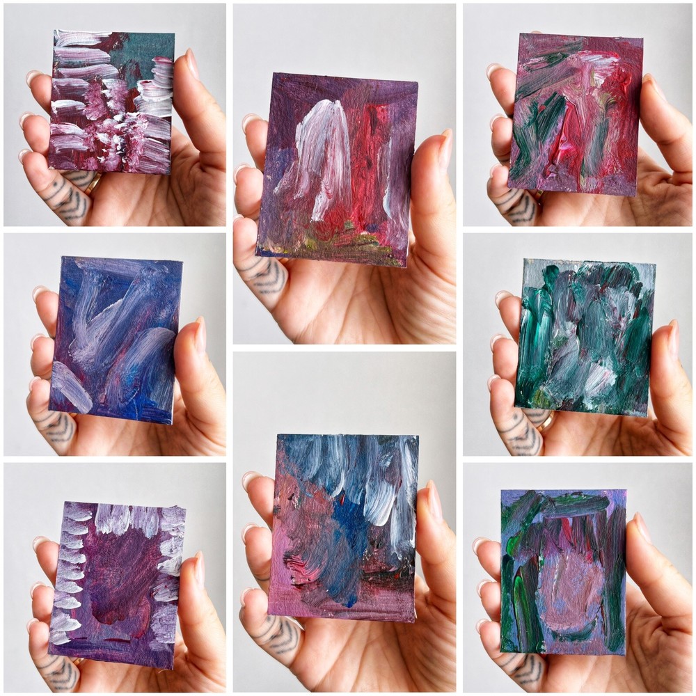Abstract Miniature Art Set Of 8pc Tiny Acrylic Painting Small Minimalist Artwork