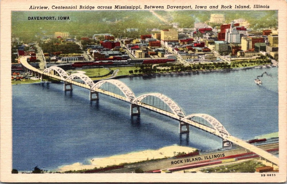 Centennial Bridge Mississippi River Iowa IA Illinois IL Airview Postcard