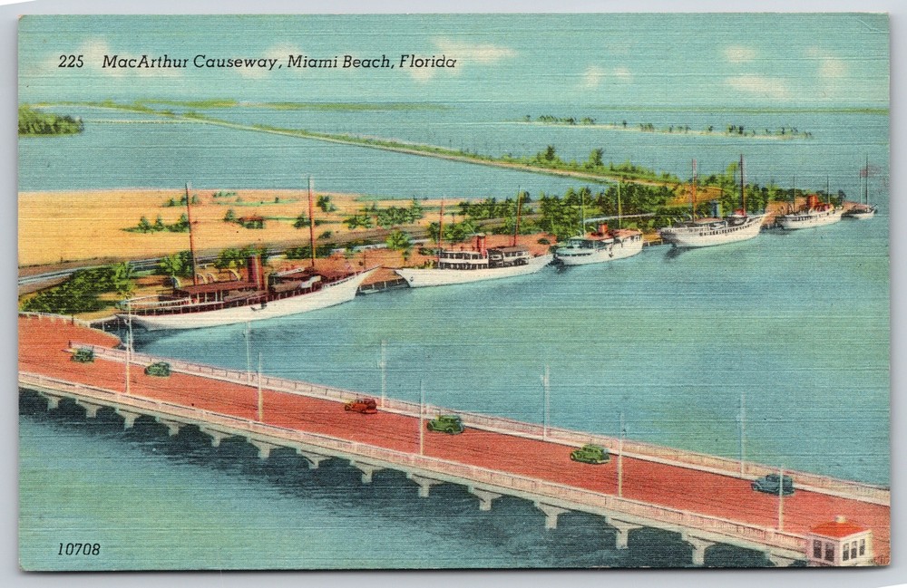 Miami Beach Florida~MacArthur Causeway~Ships & Boats~Vintage Linen Postcard