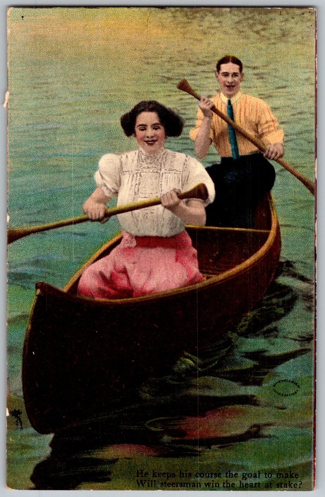 Antique Postcard Canoe Courting Couple 1910s