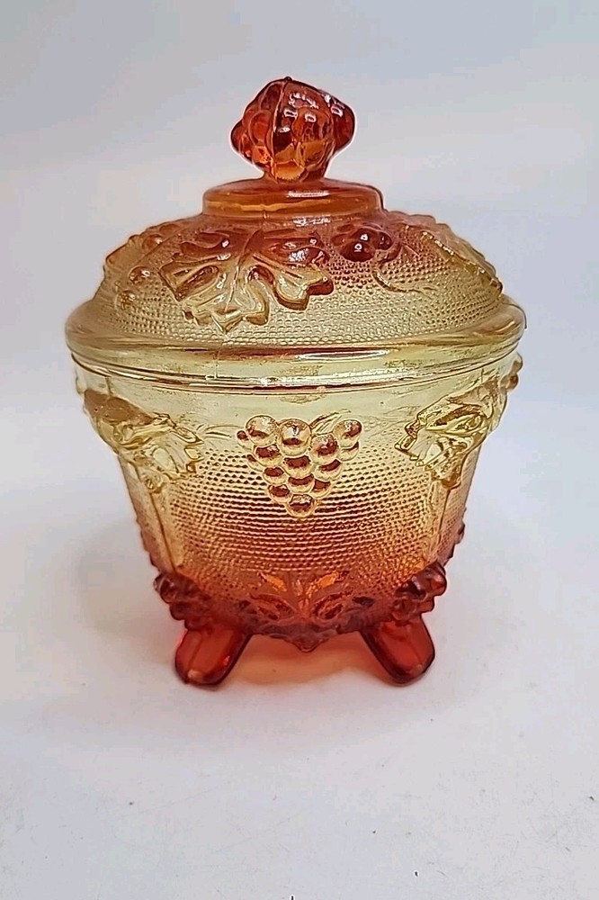Vintage Jeanette 1960s Amberina Grapes & Vine Footed Candy/Trinket Dish with Lid