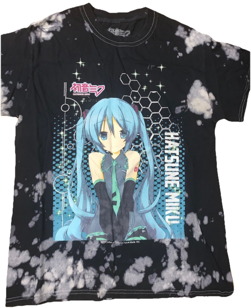 Hatsune Miku Black Bleach Wash Graphic T-Shirt  Short Sleeve Crew Neck