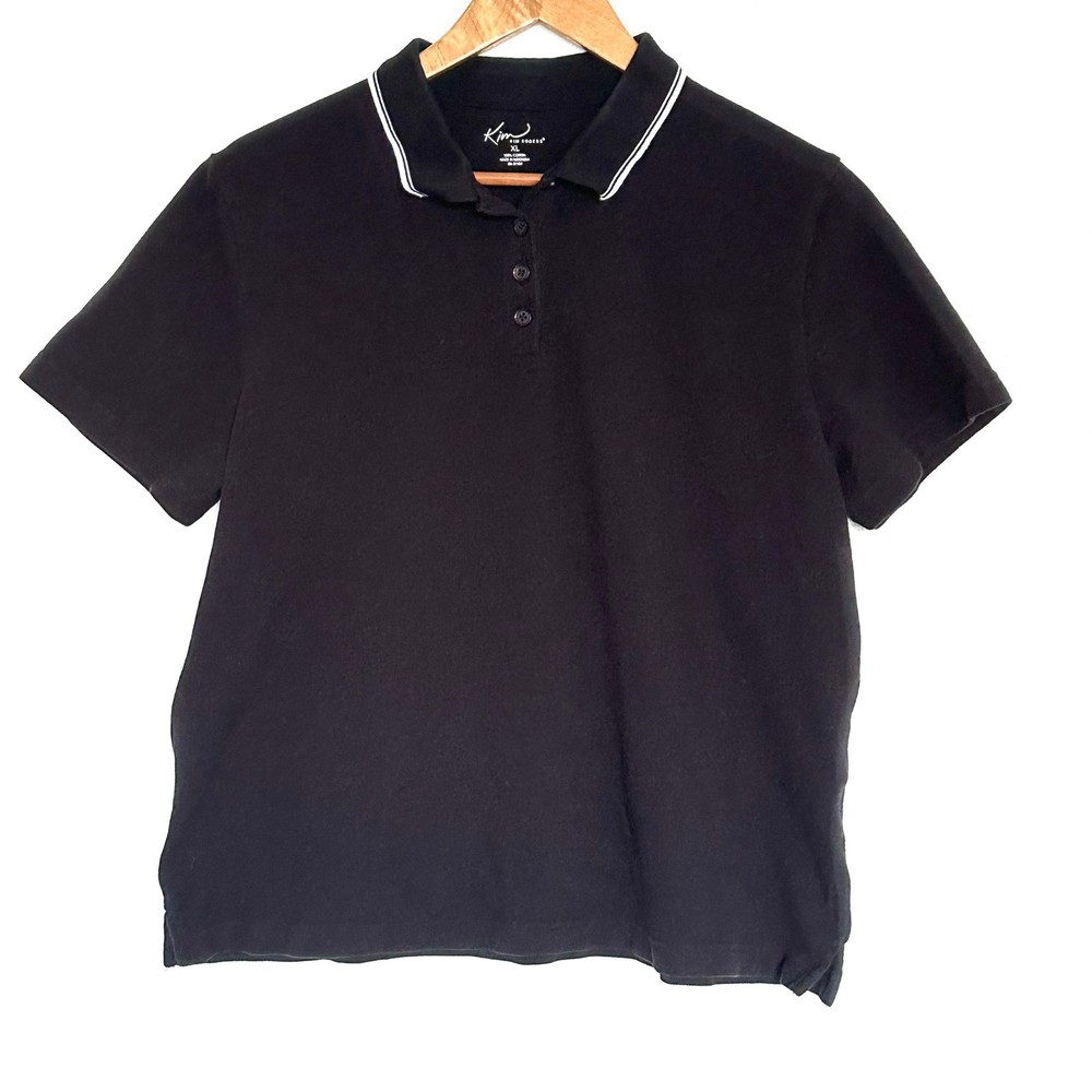 Kim Rogers Polo Shirt Women's XL Black White Cotton Short Sleeve Collared Top