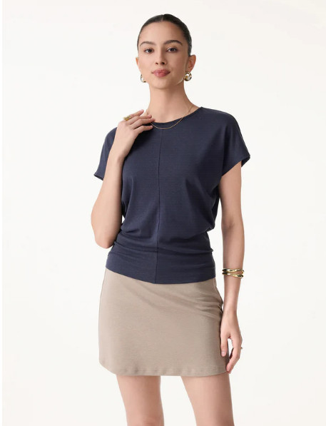 OGL Linen-Blend Round Neck Relaxed Summer Top - Smoky Navy / NEW