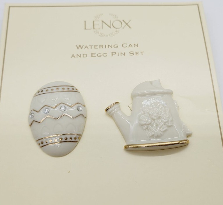Lenox Watering Can & Egg Pin Set Fine Ivory China Spring Brooch Easter 24K