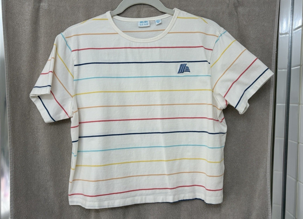 ALDI Gear Women’s White/Multicolor Striped Logo Crew Neck Short Sleeve T-Shirt M