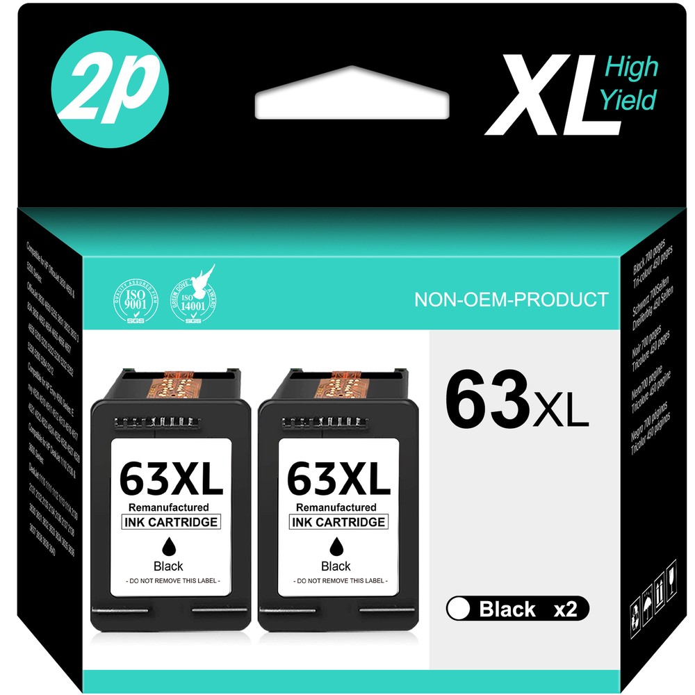2Pack 63XL 63 Ink Cartridge Replacement for HP 63 XL 3635 3830 4513 5212 Black