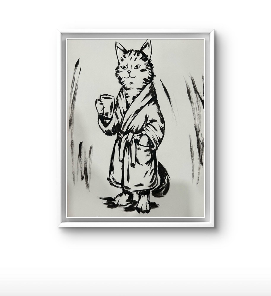 Original Abstract Painting Cat In Bath Robe Pet 14x11 paper Wall Art Home Decor