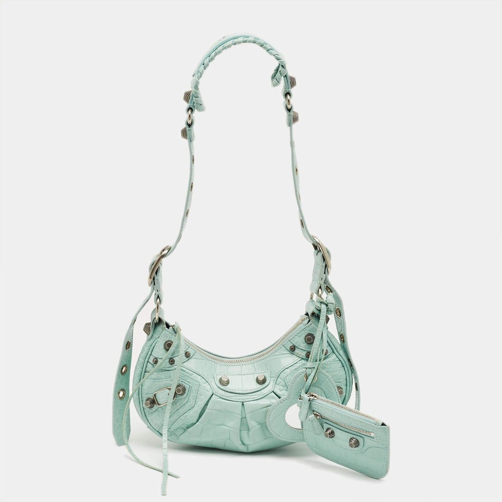 Balenciaga Pale Turquoise Croc Embossed Leather XS Le Cagole Shoulder Bag