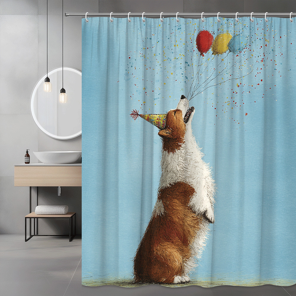 Dog Party Shower Curtain Blue Background Balloon Print