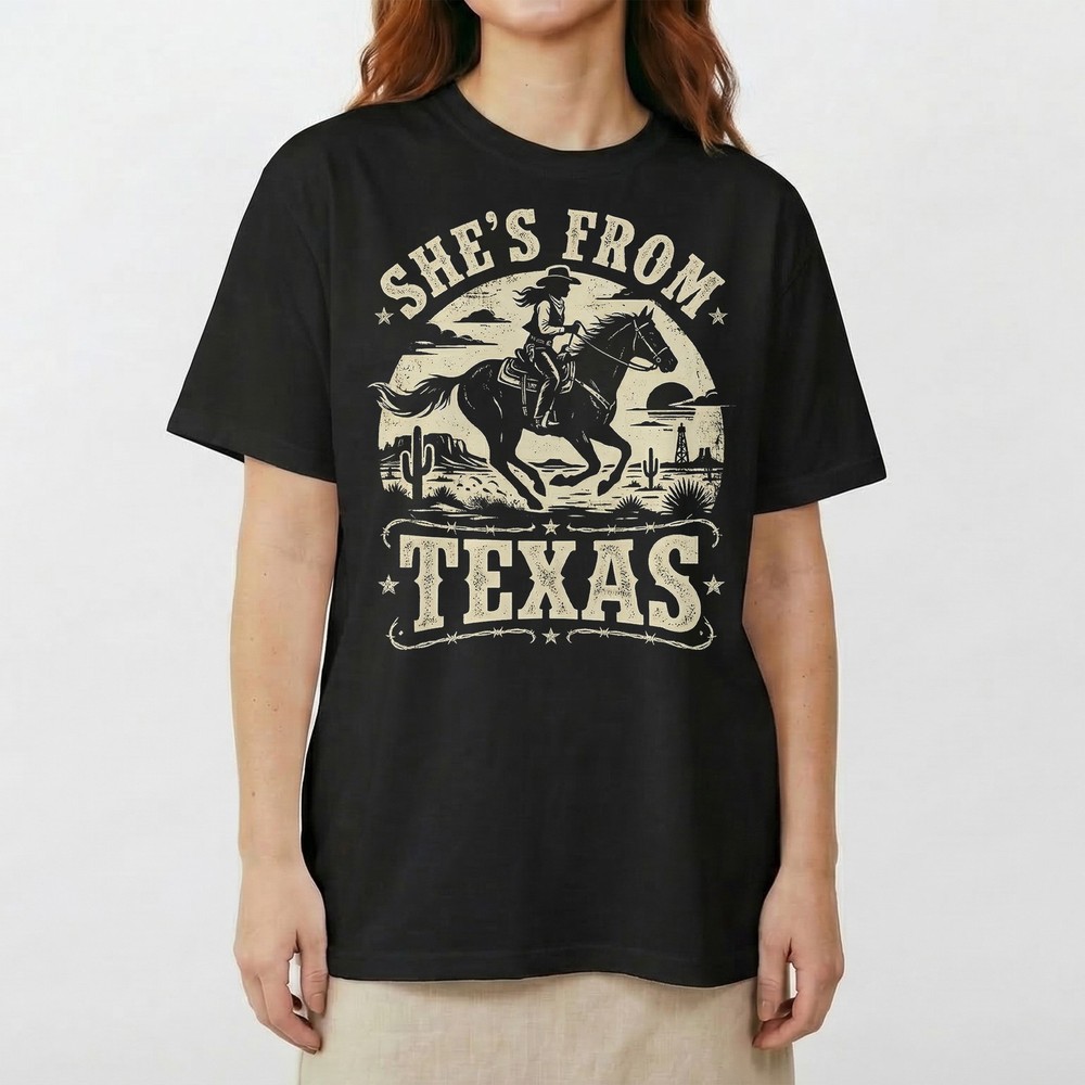Shes From Texas Cowgirl Horse Riding Vintage T-Shirt Western Desert Cactus Tee