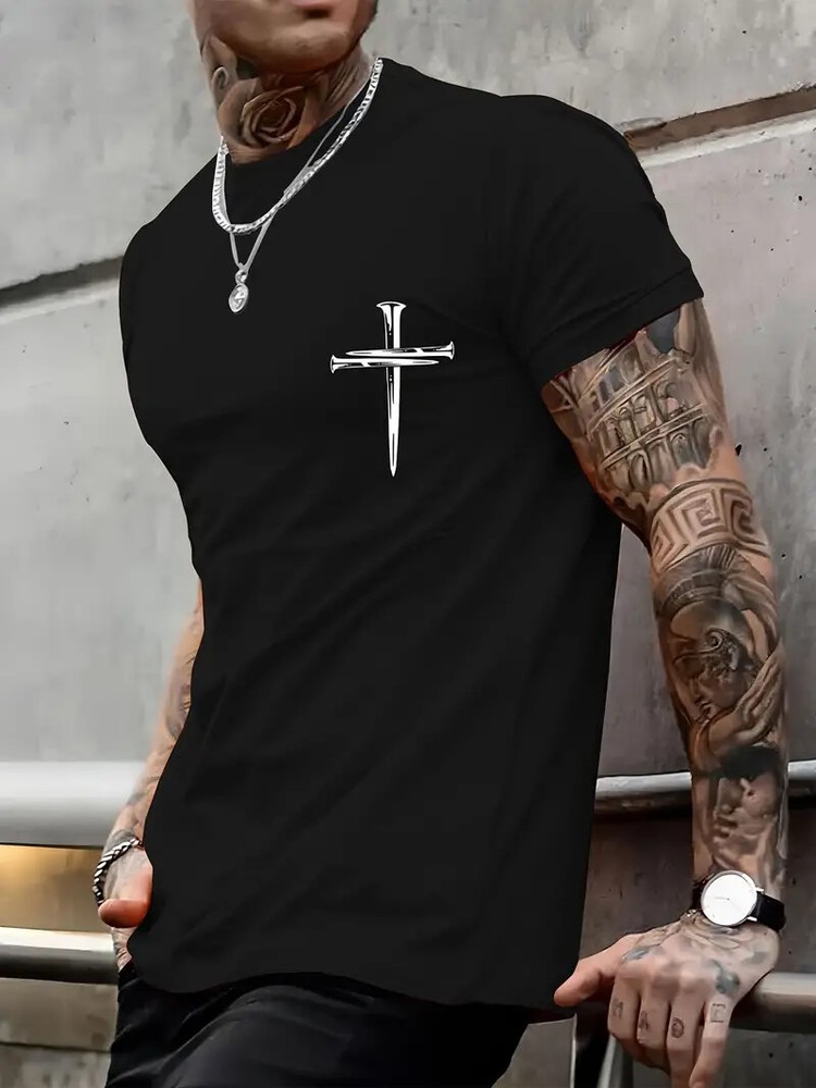 T Shirt Cross of Nails Graphic Print Black Casual Short Sleeve Fashion Men's Tee