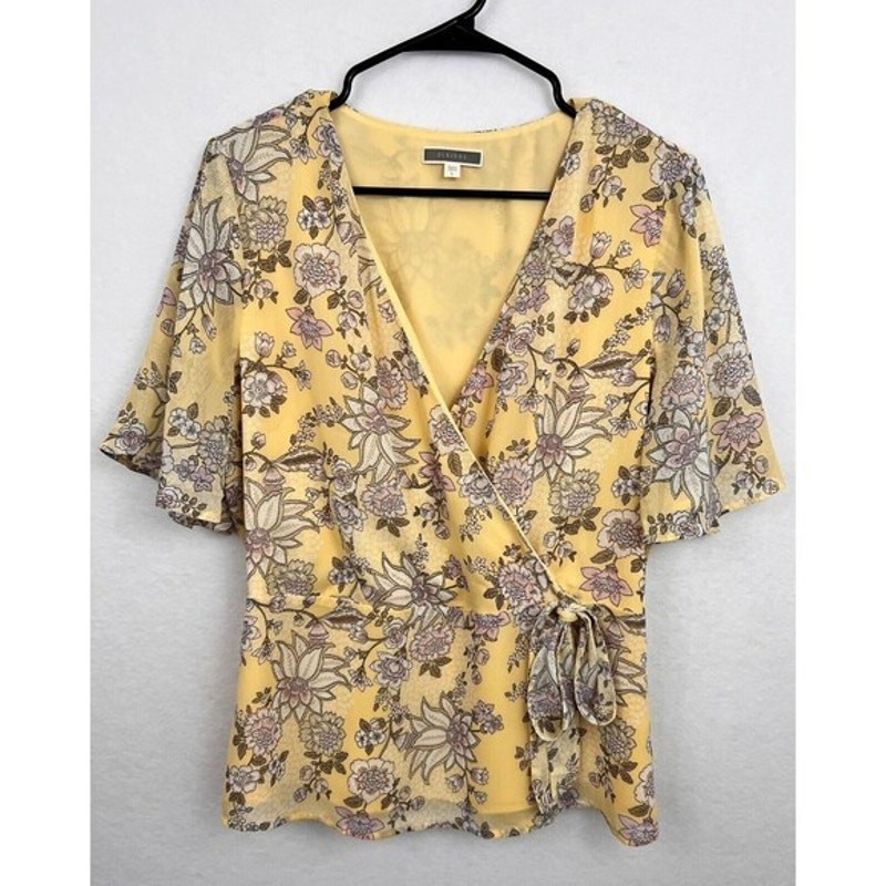 Pleione Women's Yellow Floral Print Blouse Short Sleeve Faux Wrap V-Neck Size L