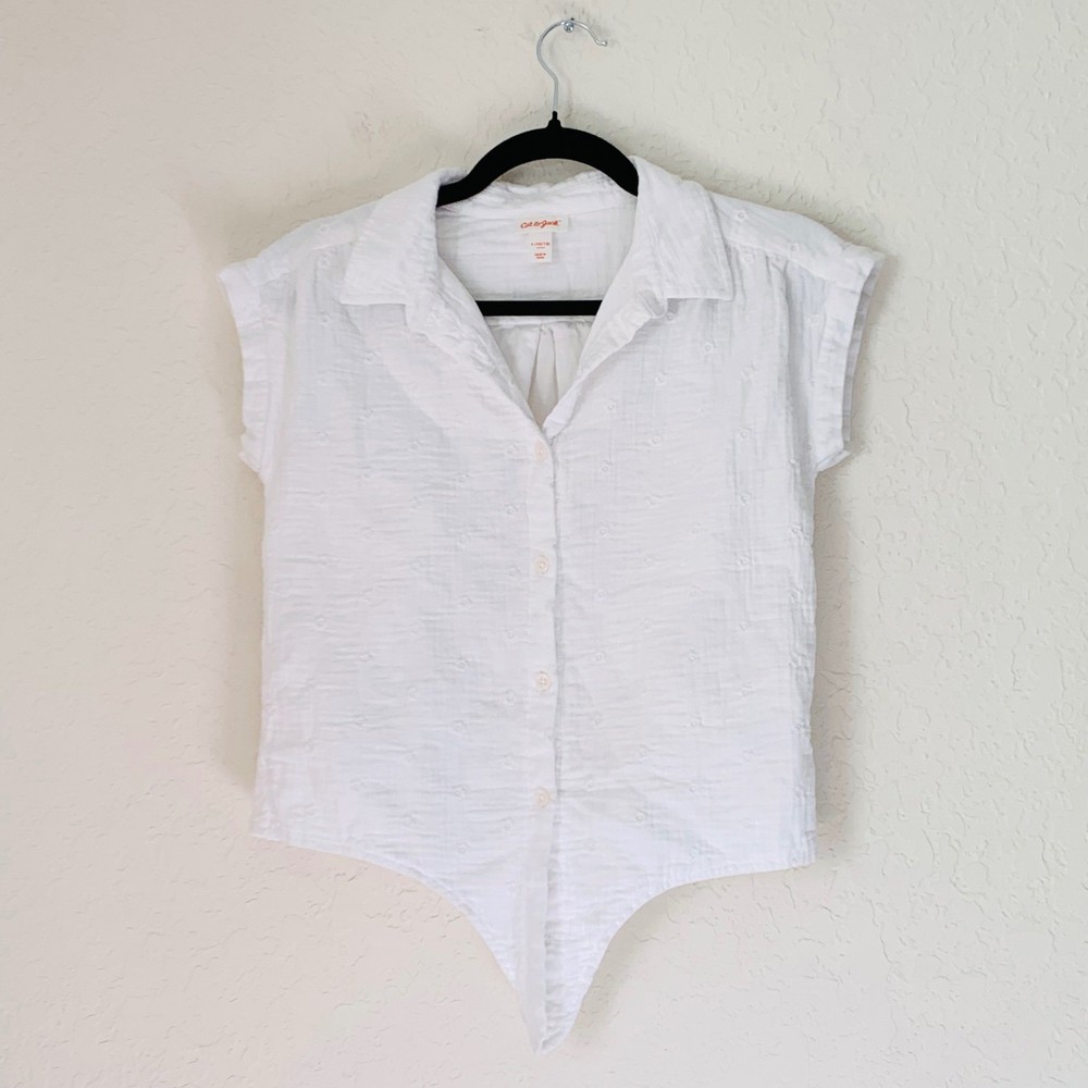 Cat & Jack Top Girl 10/12 White Cotton Gauze Embroidered Tie Front Button Down