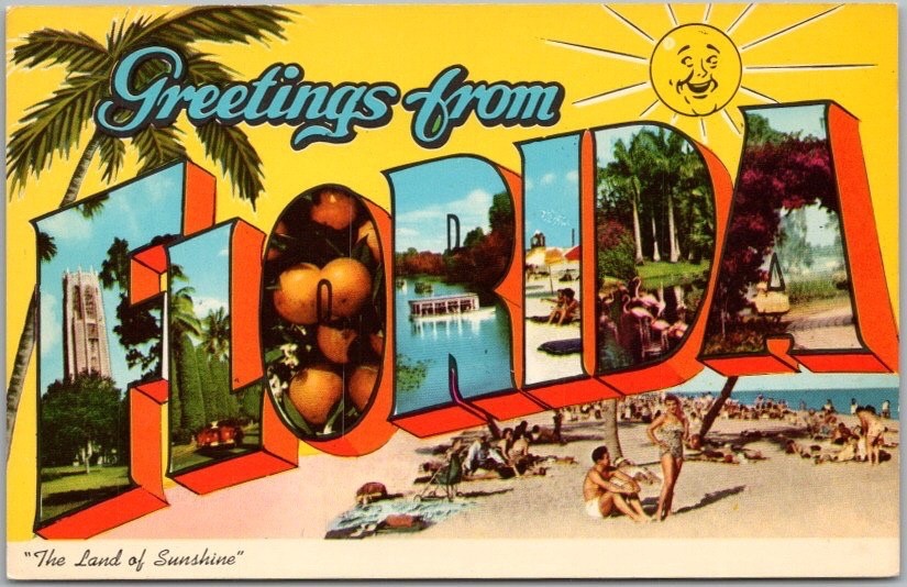 Vintage 1959 FLORIDA Large Letter Postcard Bathing Beach Scene / Curteich CHROME