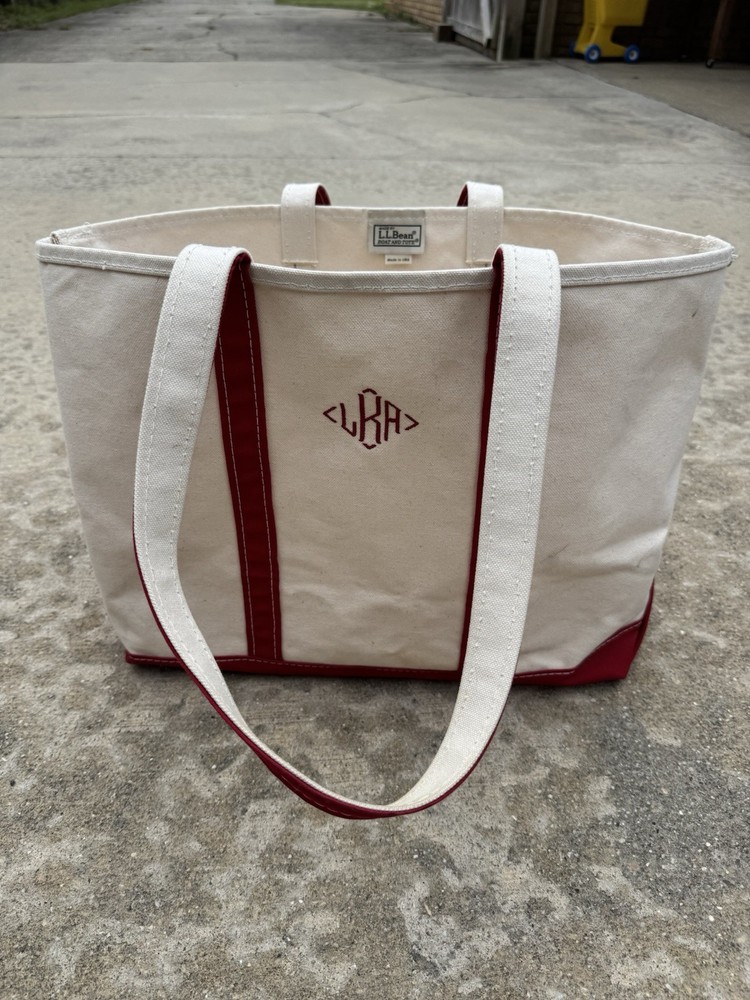 Vintage LL Bean Boat & Tote Canvas Bag in Ivory & Red Made in USA