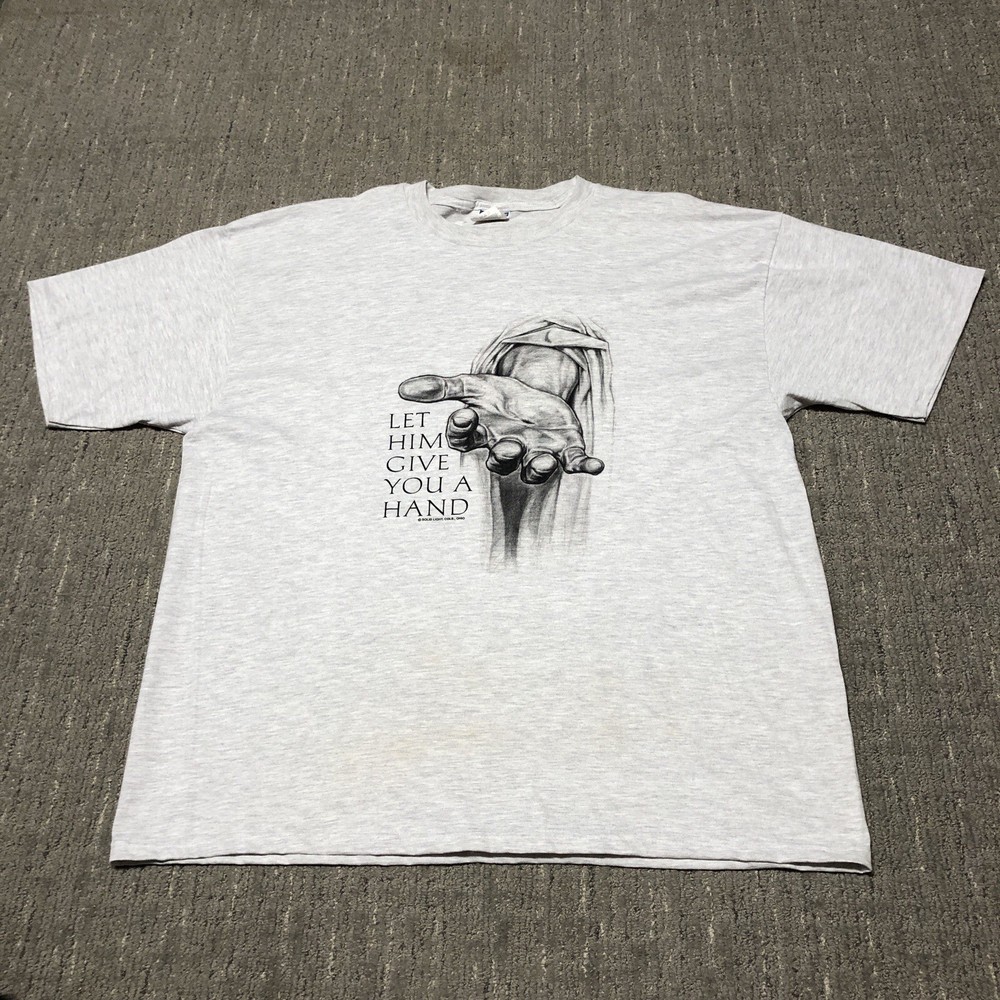 Vintage Let Him Give You A Hand T-Shirt 2XL Grey Religious Jesus Christ 90s Punk